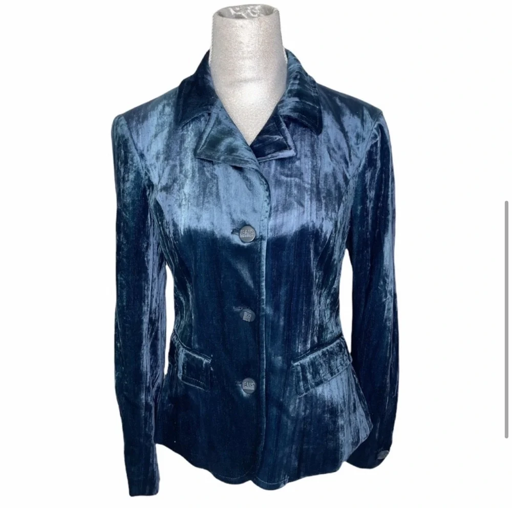 Iceberg Jeans Vintage Y2K Blue Velvet Velour Suit Blazer Pant Set 29 40 Italy - Picture 4 of 16